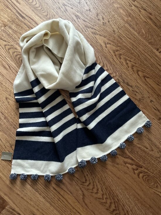 NWT J CREW STRIPED WOOL BLANKET SCARF POM POM TRIM PREPPY CABINCORE OUTDOOR - Picture 1 of 4